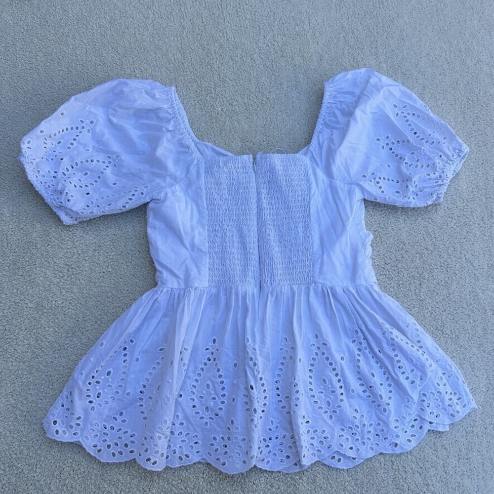 Free Assembly White Eyelet Puff Sleeve Peasant Top Cotton Smocked XS - Picture 6 of 7